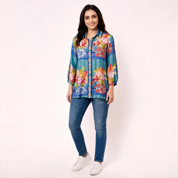 Blue_Crepe_Floral_Print_Long_Sleeve_Top_For_Women