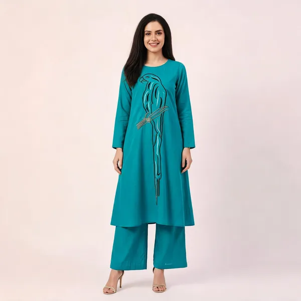 Turkish_Blue_Silk_A-Line_Avian_Embroidered_Co-Ord_Set_For_Women
