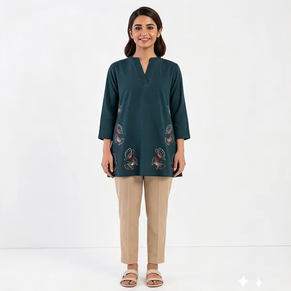 Navy_Blue_Cotton_Straight_Butterfly_Embroidered_Kurti_For_Women