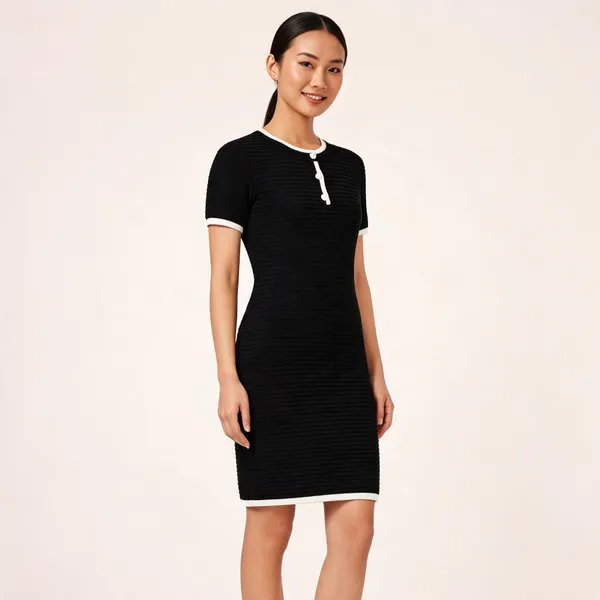 Black_Knitted_Contrast_Trim_Ribbed_Midi_Dress_For_Women