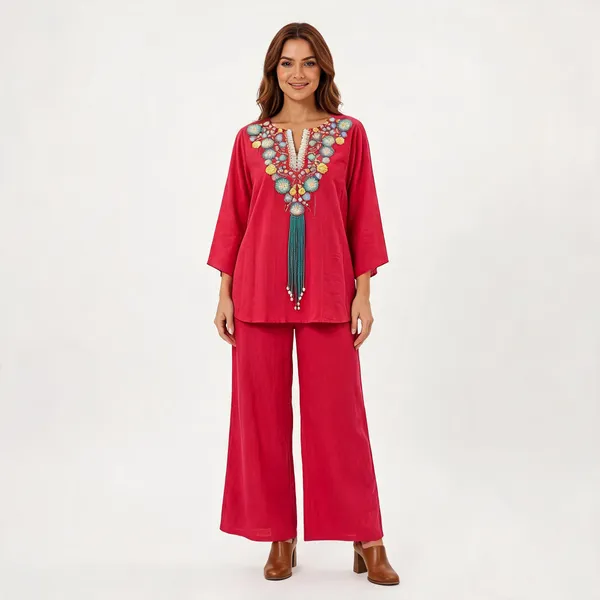 Magenta_Crepe_Boho_Medallion_Embroidered_Tassel_Co-Ord_Set_For_Women