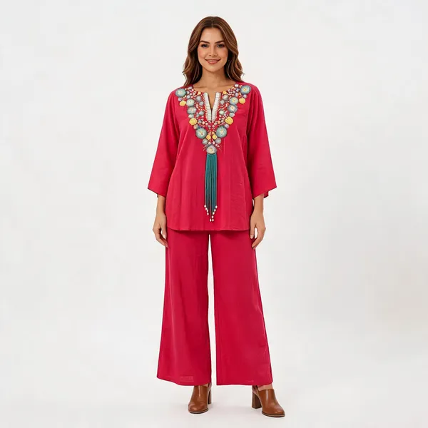 Magenta_Crepe_Boho_Medallion_Embroidered_Tassel_Co-Ord_Set_For_Women