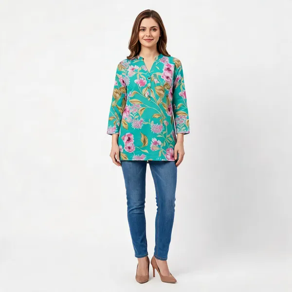 Sky_Blue_Cotton_Floral_Print_Short_Kurta_For_Women
