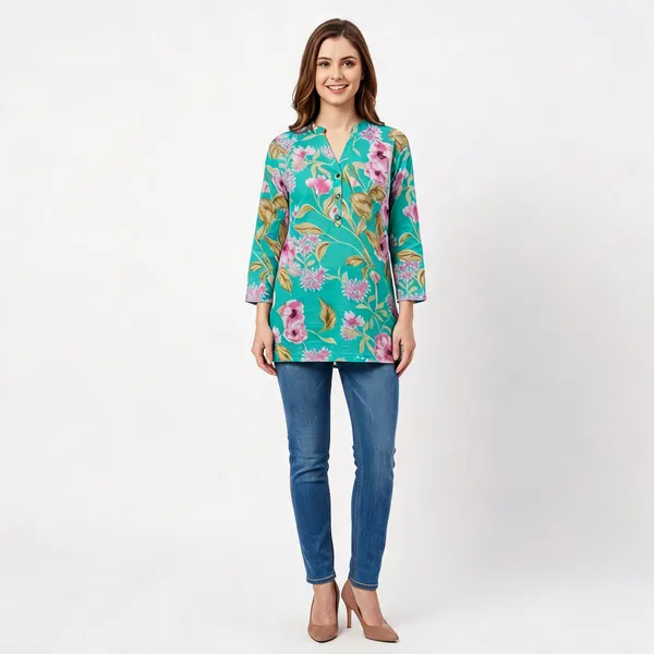 Sky_Blue_Cotton_Floral_Print_Short_Kurta_For_Women