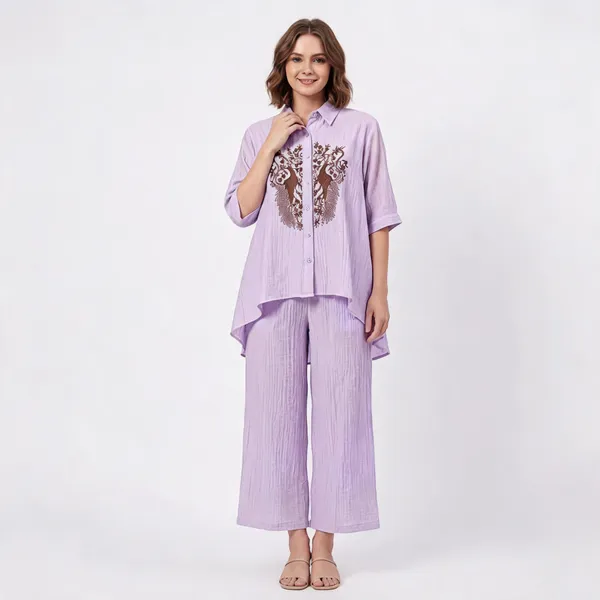 Lilac_Organza_Peacock_Embroidered_High-Low_Tunic_Co-Ord_Set_For_Women