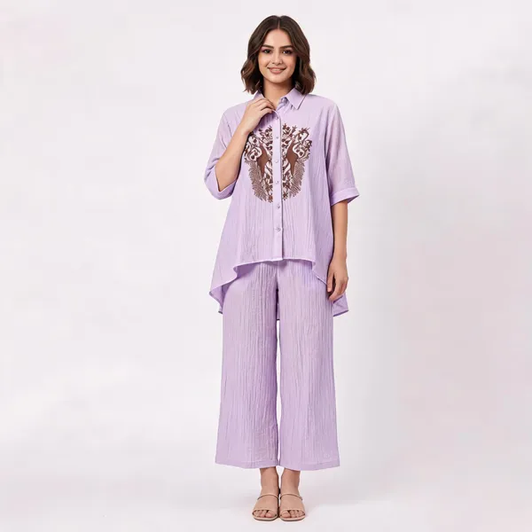 Lilac_Organza_Peacock_Embroidered_High-Low_Tunic_Co-Ord_Set_For_Women