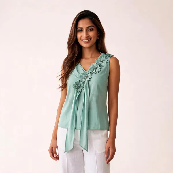 Sage_Green_Organza_Sleeveless_3D_Floral_Applique_Top_For_Women
