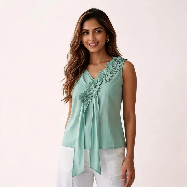 Sage_Green_Organza_Sleeveless_3D_Floral_Applique_Top_For_Women