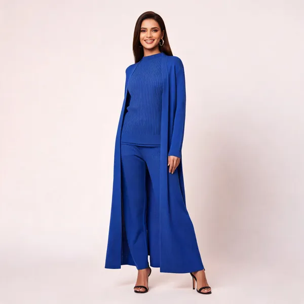 Royal_Blue_Wool_Knit_Duster_Coat_Trouser_Set_For_Women