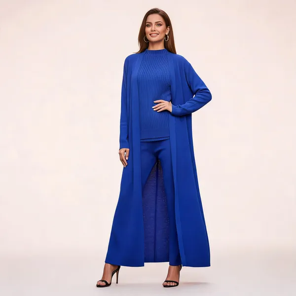 Royal_Blue_Wool_Knit_Duster_Coat_Trouser_Set_For_Women