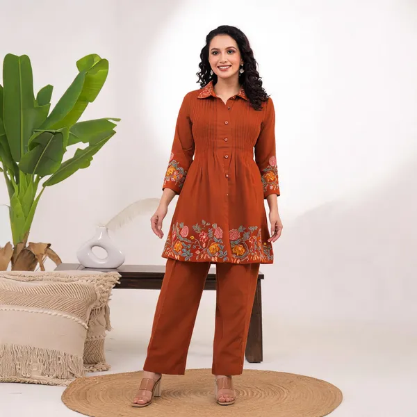 Rust_Cotton_Floral_Embroidered_Pintuck_Co-Ord_Set_For_Women