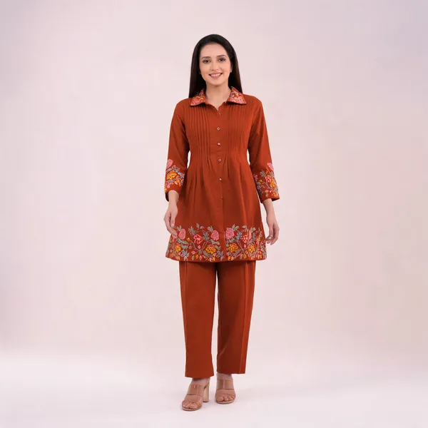 Rust_Cotton_Floral_Embroidered_Pintuck_Co-Ord_Set_For_Women