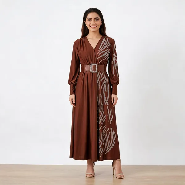 Brown_Cotton_Crystal_Embellished_Belted_Maxi_Gown_For_Women