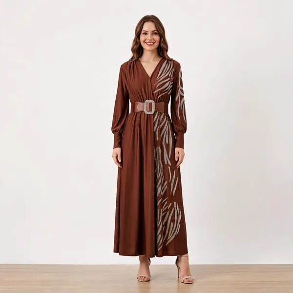 Brown_Cotton_Crystal_Embellished_Belted_Maxi_Gown_For_Women