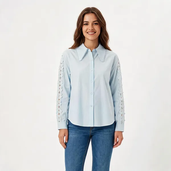 Sky_Blue_Cotton_Relaxed_Lace_Collar_Eyelet_Sleeve_Shirt_For_Women
