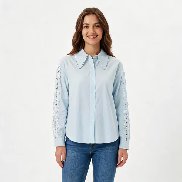 Sky_Blue_Cotton_Relaxed_Lace_Collar_Eyelet_Sleeve_Shirt_For_Women