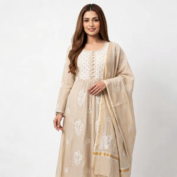 Beige_Chanderi_Gathered_Anarkali_Suit_Set_For_Women