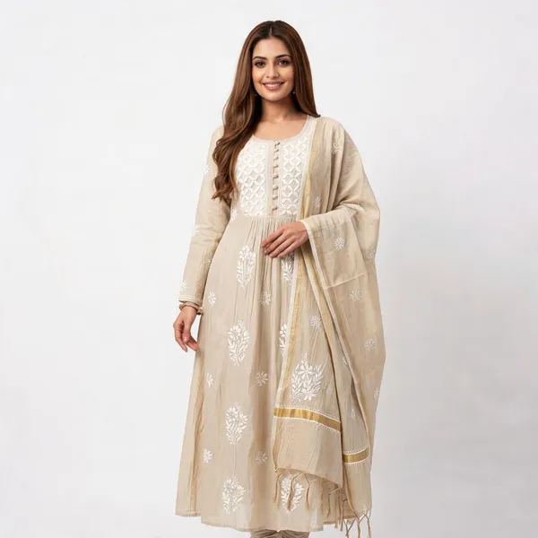 Beige_Chanderi_Gathered_Anarkali_Suit_Set_For_Women