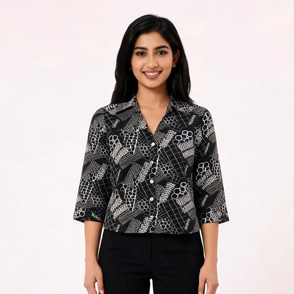 Black_Satin_Boxy_Abstract_Patchwork_Crop_Shirt_For_Women