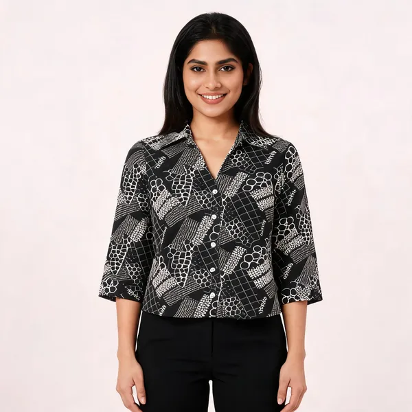 Black_Satin_Boxy_Abstract_Patchwork_Crop_Shirt_For_Women