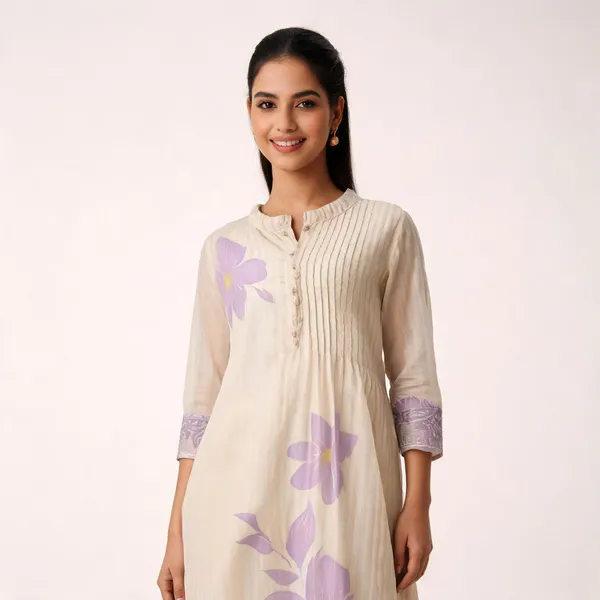 Ivory_Cotton_Pintucked_Lilac_Floral_Placement_Tunic_Set_For_Women
