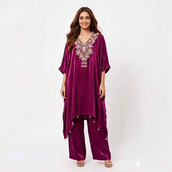 Wine_Crepe_Asymmetric_Kaftan_Set_For_Women