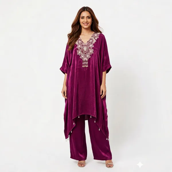 Wine_Crepe_Asymmetric_Kaftan_Set_For_Women