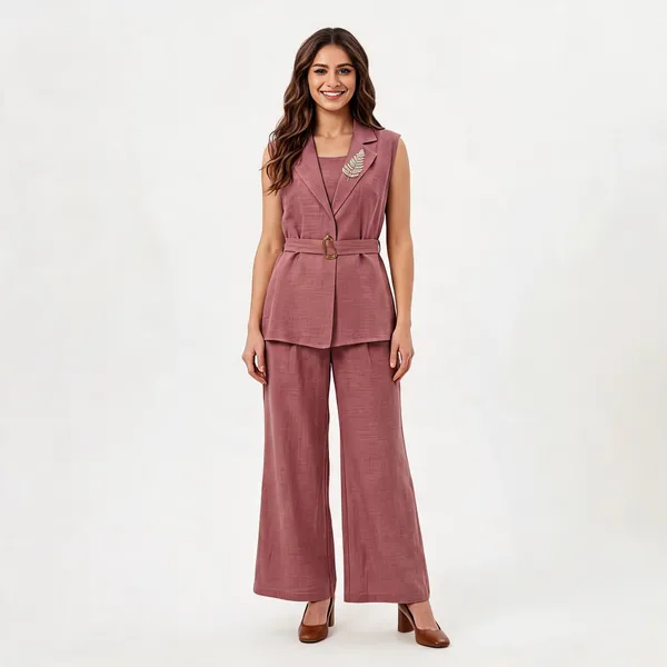 Pink_Cotton_Belted_Three-Piece_Tailored_Co-Ord_Set_For_Women
