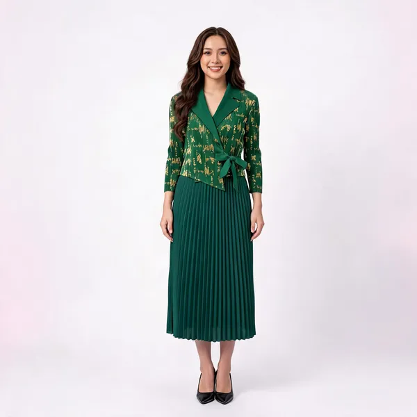 Forest_Green_Polyester_Pleated_Metallic_Wrap_Dress_Set_For_Women