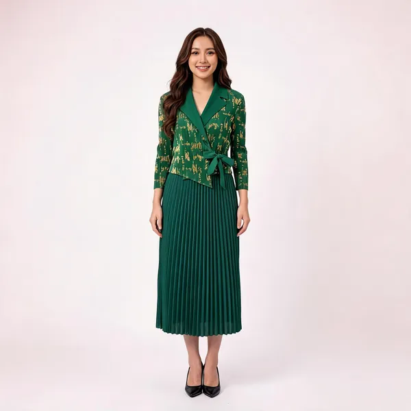 Forest_Green_Polyester_Pleated_Metallic_Wrap_Dress_Set_For_Women