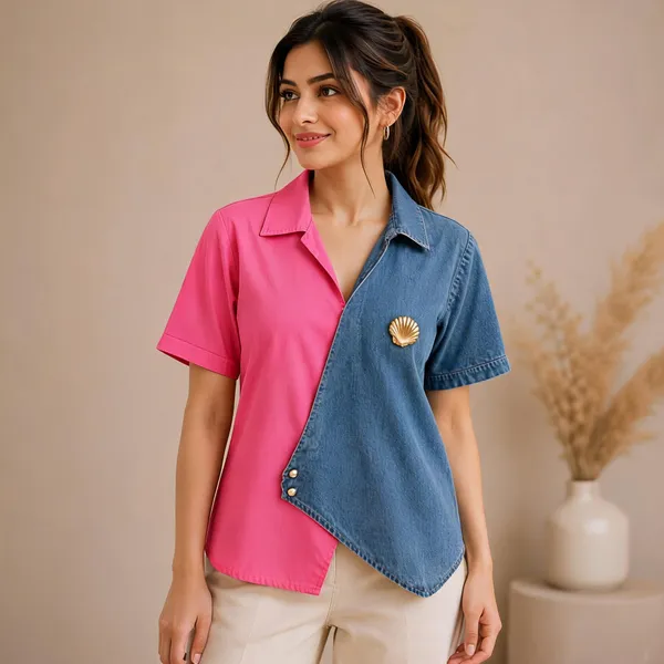 Pink_Denim_Asymmetric_Two-Tone_Crossover_Top_For_Women