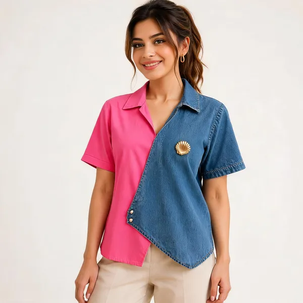 Pink_Denim_Asymmetric_Two-Tone_Crossover_Top_For_Women