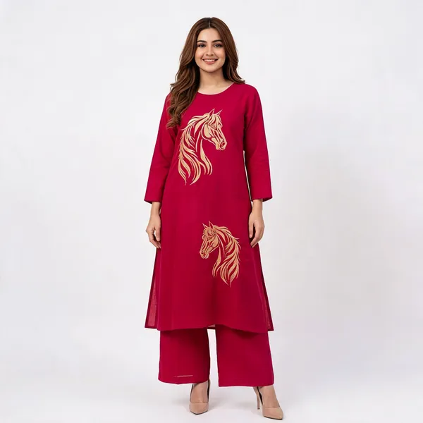 Dark_Pink_Silk_Straight_Horse_Embroidered_Kurta_For_Women