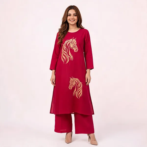 Dark_Pink_Silk_Straight_Horse_Embroidered_Kurta_For_Women