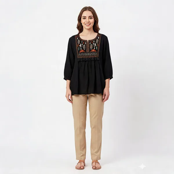 Black_Cotton_Straight_Geometric_Embroidered_Tassel_Kurti_For_Women