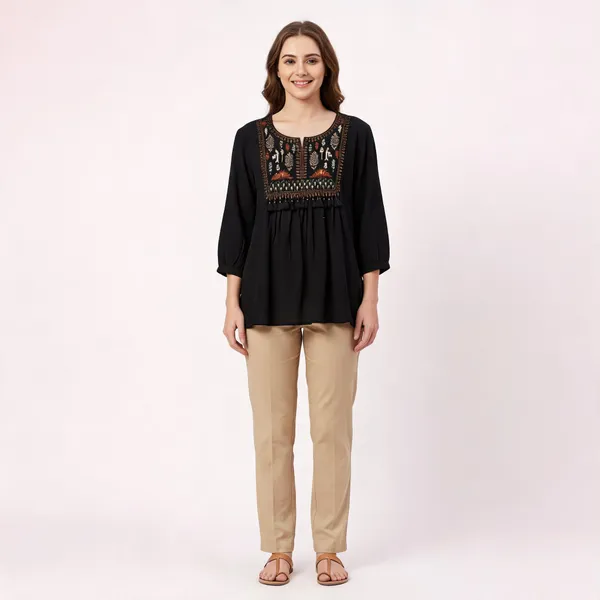 Black_Cotton_Straight_Geometric_Embroidered_Tassel_Kurti_For_Women