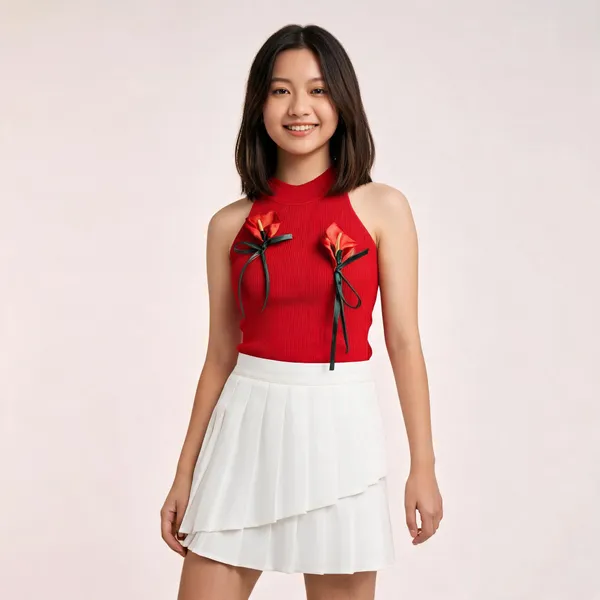 Red_White_Knit_Cotton_Calla_Lily_Halter_Set_For_Women