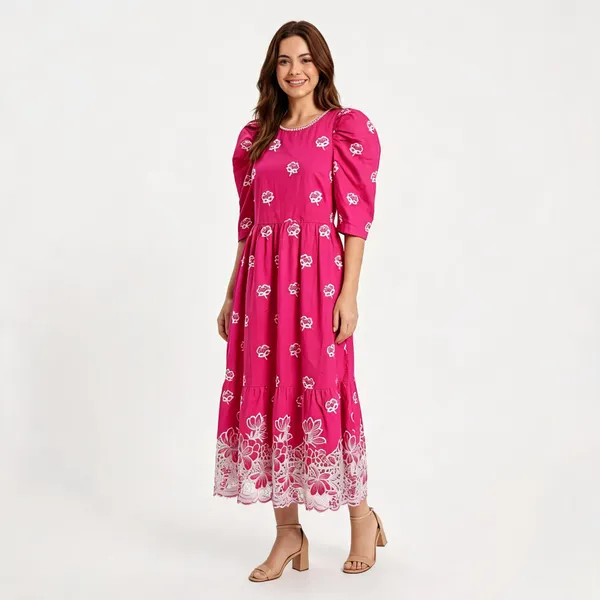 Hot_Pink_Cotton_Tiered_Eyelet_Border_Midi_Dress_For_Women