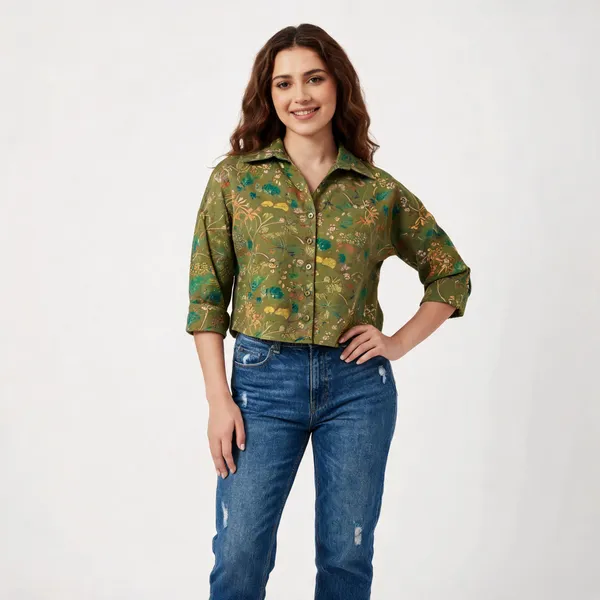 Olive_Green_Viscose_Boxy_Botanical_Print_Crop_Shirt_For_Women