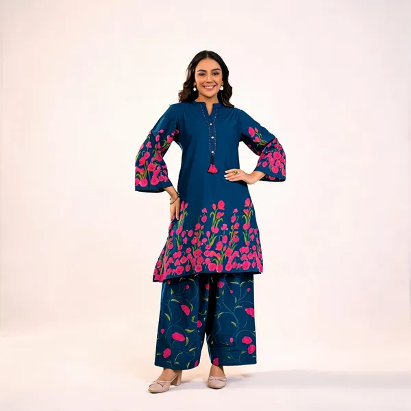 Teal_Blue_Cotton_Floral_Border_Bell_Sleeve_Co-Ord_Set_For_Women