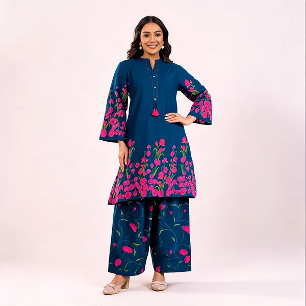 Teal_Blue_Cotton_Floral_Border_Bell_Sleeve_Co-Ord_Set_For_Women