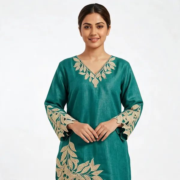 Teal_Cotton_Straight_Cut-Work_Embroidered_Tunic_Set_For_Women