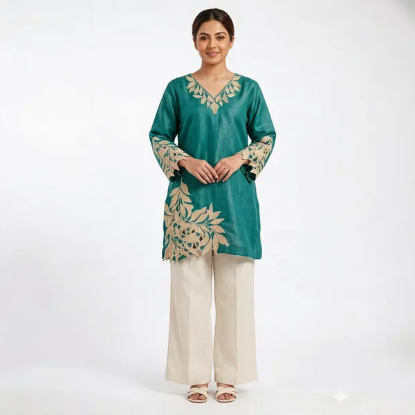 Teal_Cotton_Straight_Cut-Work_Embroidered_Tunic_Set_For_Women