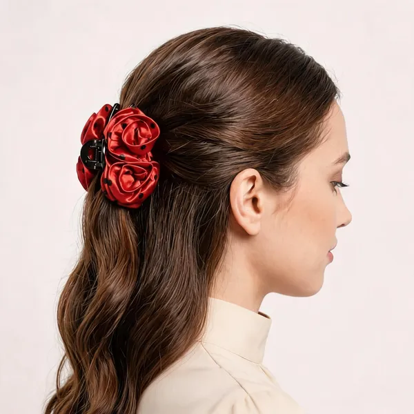 Red_Satin_Polka_Dot_Rose_Fabric_Hair_Clutcher_For_Women