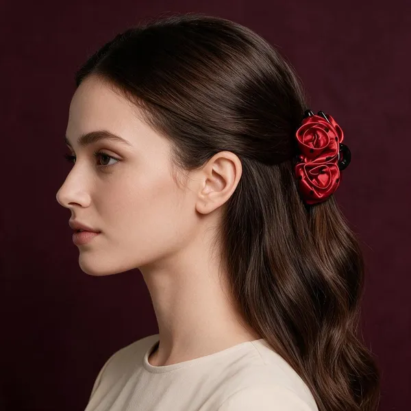 Red_Satin_Polka_Dot_Rose_Fabric_Hair_Clutcher_For_Women