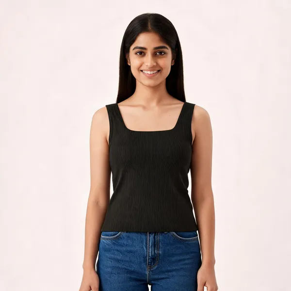 Black_Knitted_Ribbed_Square_Neck_Tank_Top_For_Women