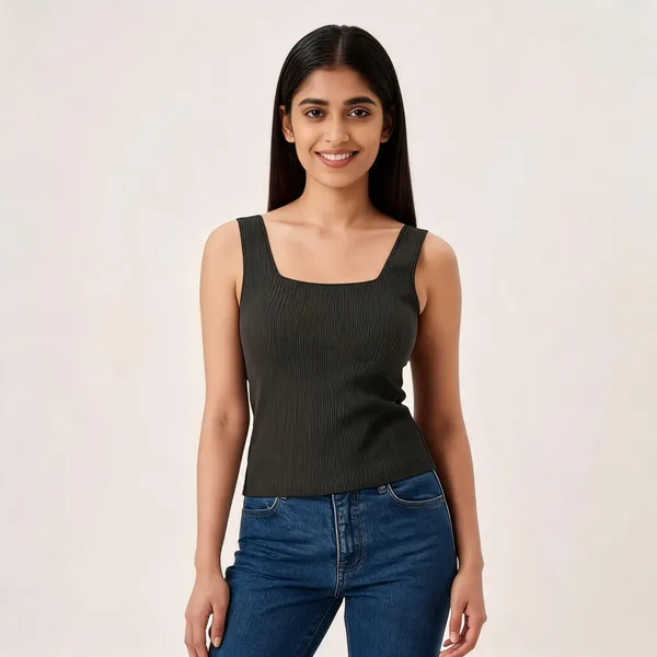 Black_Knitted_Ribbed_Square_Neck_Tank_Top_For_Women