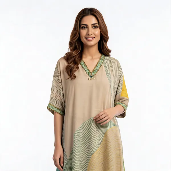 Beige_Crepe_Flowy_Wave_Print_Embroidered_Kaftan_Tunic_For_Women