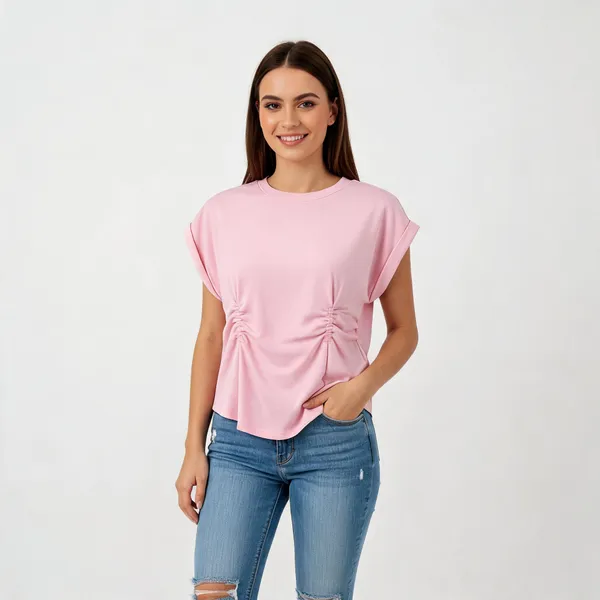 Pink_Cotton_Dropped-Shoulder_Ruched_Waist_T-Shirt_For_Women