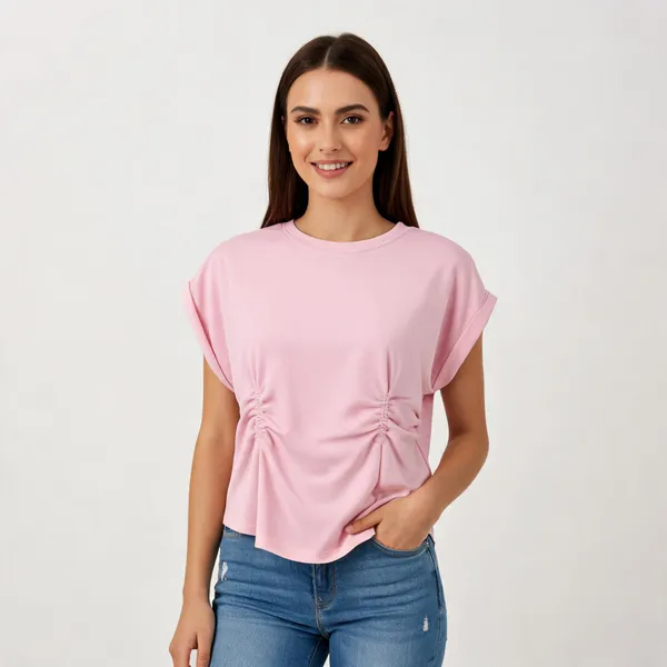 Pink_Cotton_Dropped-Shoulder_Ruched_Waist_T-Shirt_For_Women
